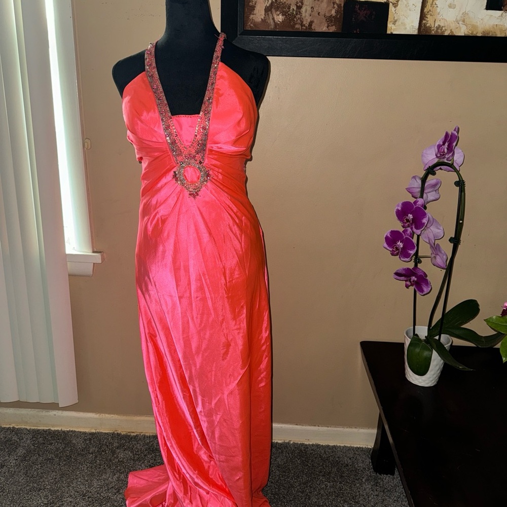 90s / y2k hot pink halter gown.